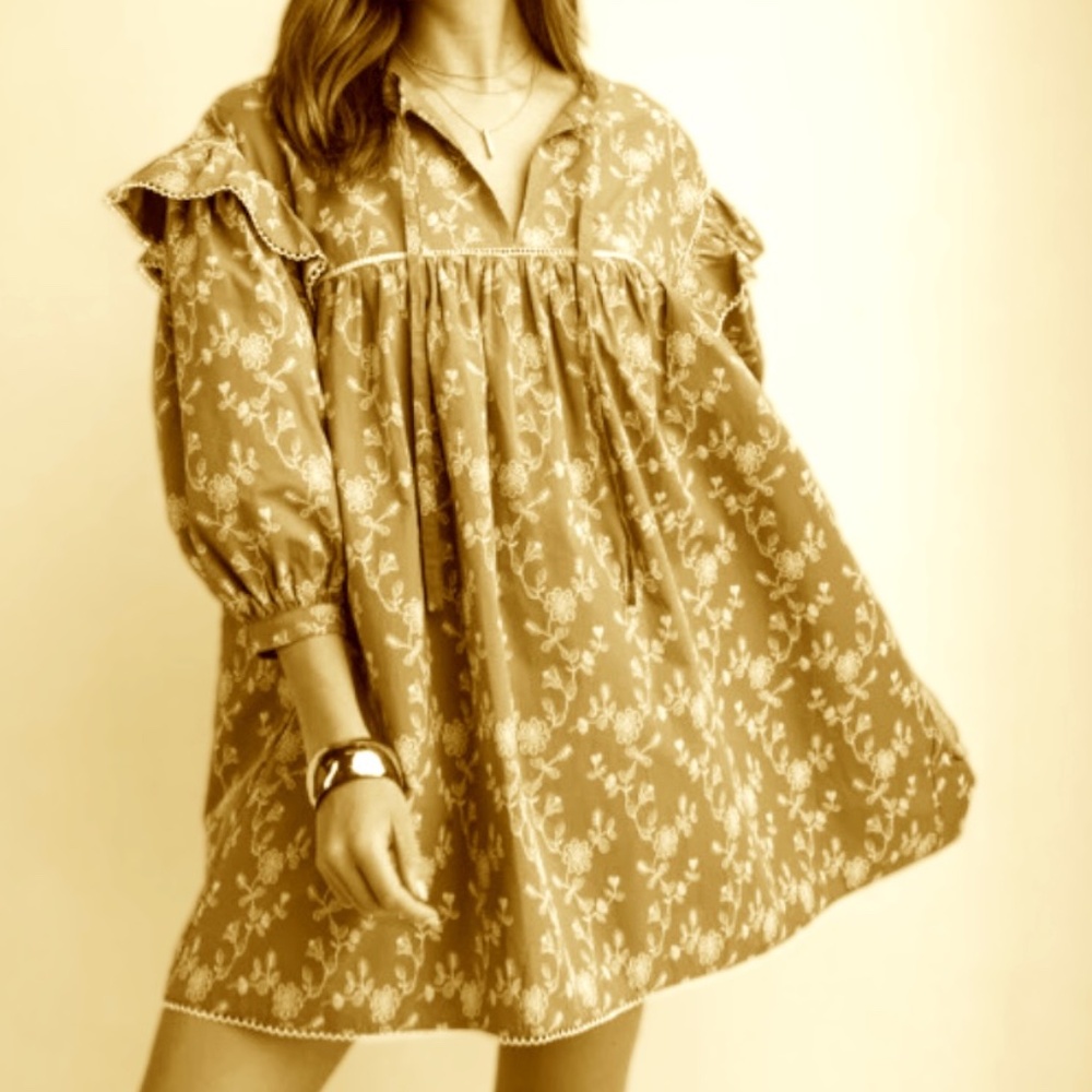 GIGIO BROWN WHITE FLORAL SIZE MEDIUM QUARTER BALLOON‎ SLEEVES DRESS, NWOT